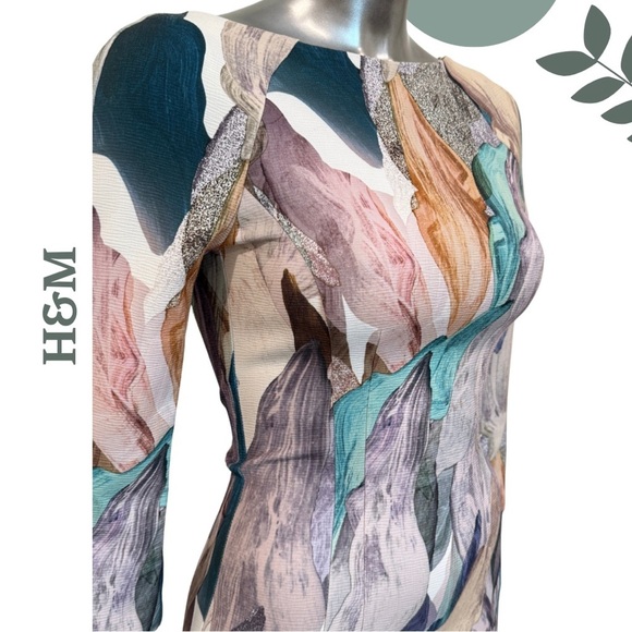 🛍️3/$40 H&M Abstract Print Bodycon Dress Marble 3/4 Sleeve – Size 2 (US) - Picture 5 of 7